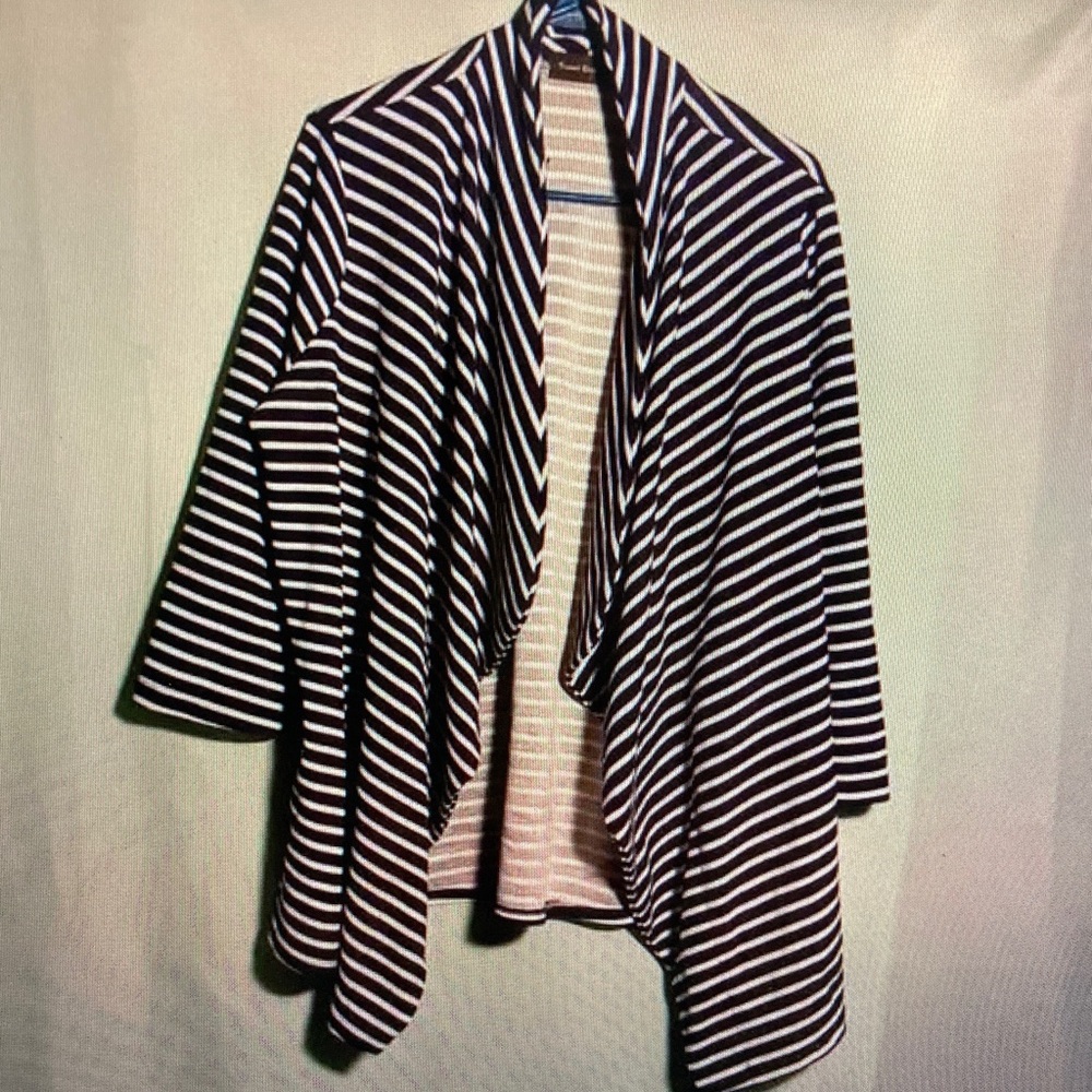 Striped Black and White Open-Front Draped Cardigan